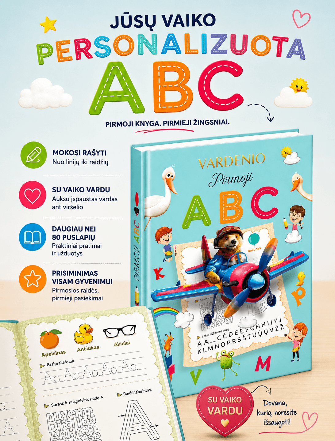 PIRMOJI ABC: rašymo ranka pratybų knyga – puiki dovana būsimajam mokinukui + personalizuota vaiko vardu! - OBUOLYS