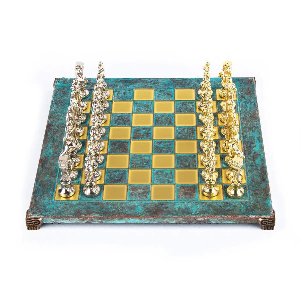 RENESANSO ŠACHMATŲ RINKINYS: metalas, turkio spalva, 36x36 cm dydis + galimybė personalizuoti - OBUOLYS