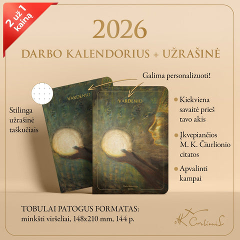 RINKINYS: M. K. Čiurlionio 2026 m. darbo kalendorius „Bičiulystė“ + užrašinė „Bičiulystė“ - OBUOLYS