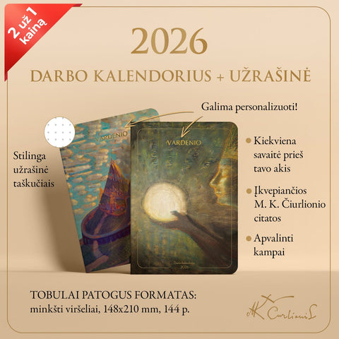 RINKINYS: M. K. Čiurlionio 2026 m. darbo kalendorius „Bičiulystė“ + užrašinė „Pilies pasaka“ - OBUOLYS