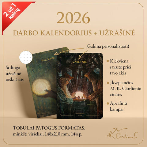 RINKINYS: M. K. Čiurlionio 2026 m. darbo kalendorius „Karalių pasaka“ + užrašinė „Bičiulystė“ - OBUOLYS