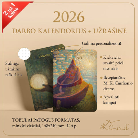 RINKINYS: M. K. Čiurlionio 2026 m. darbo kalendorius „Pilies pasaka“ + užrašinė „Bičiulystė“ - OBUOLYS