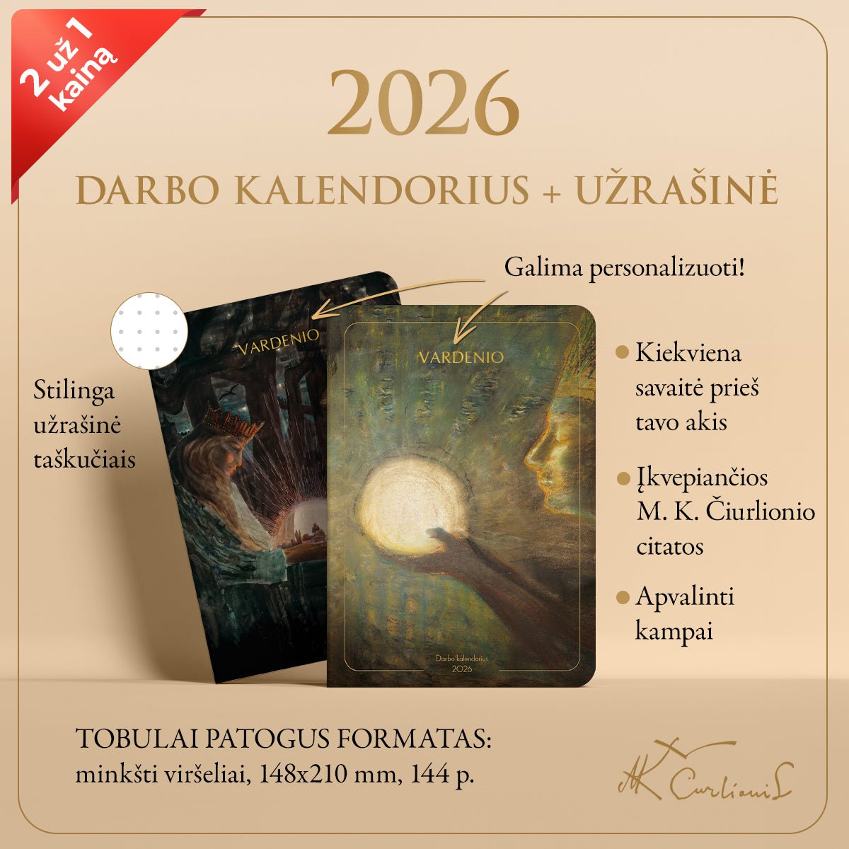 RINKINYS: M.K. Čiurlionio 2026 m. darbo kalendorius „Bičiulystė“ + užrašinė „Karalių pasaka“ - OBUOLYS