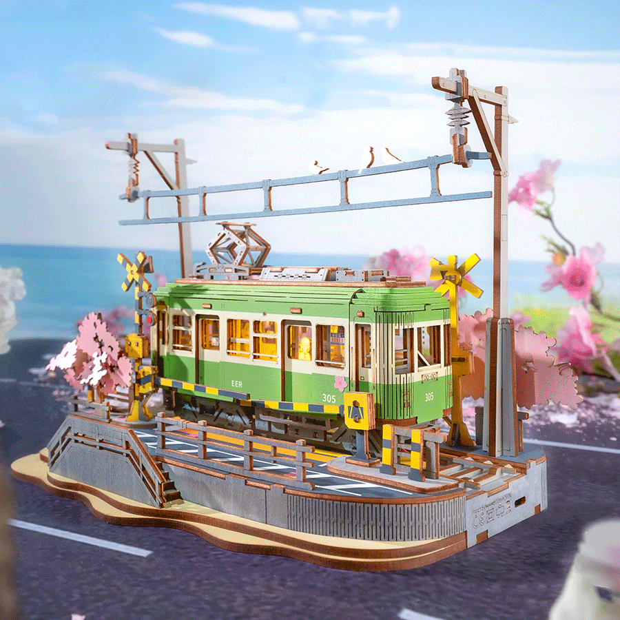 SAKURŲ TRAMVAJUS: gerą nuotaiką garantuojanti 3D medinė dėlionė – knygų lentynos dekoracija - OBUOLYS