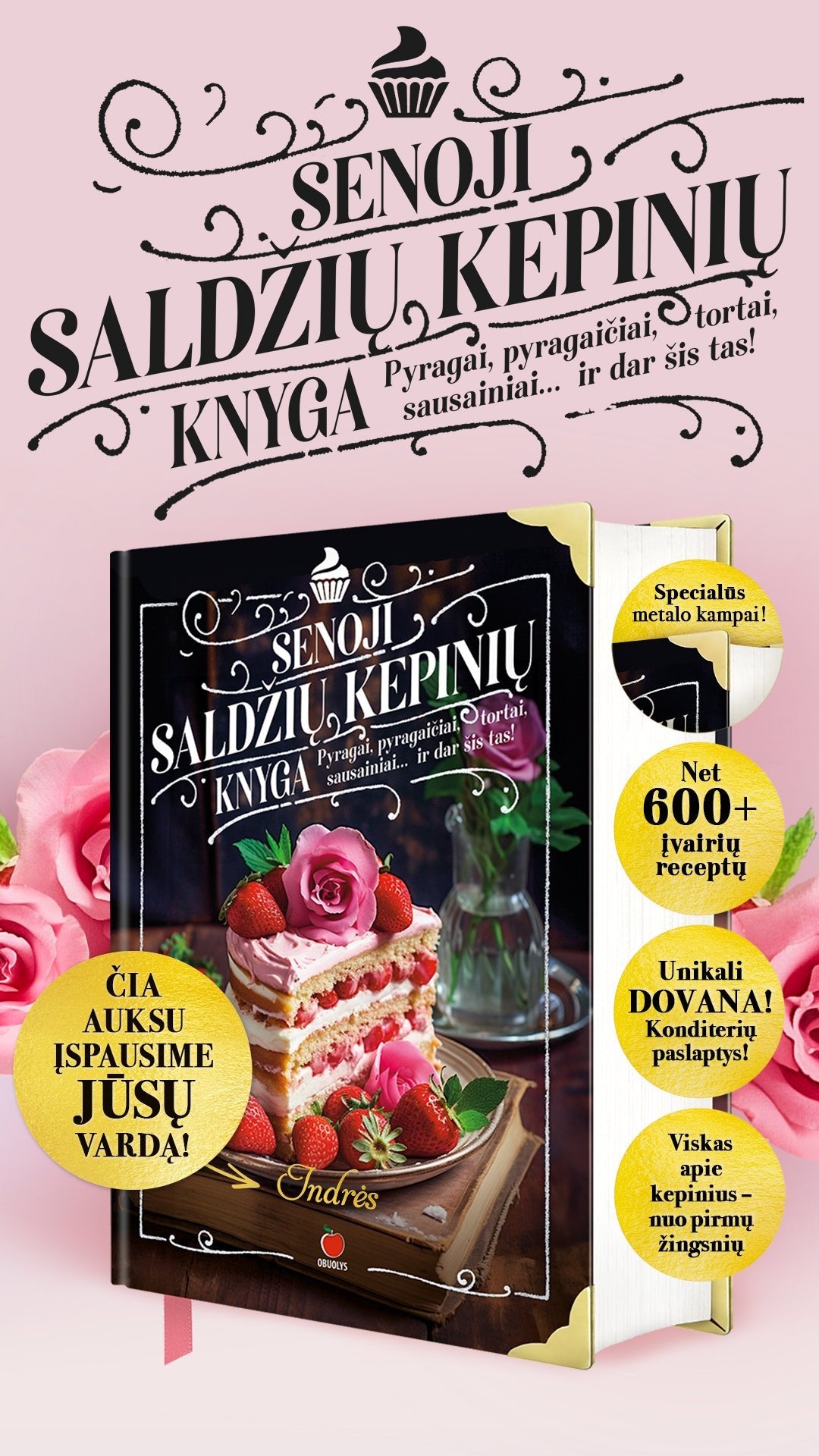 SENOJI SALDŽIŲ KEPINIŲ KNYGA: net 600 įvairių kepinių receptų + metalizuoti kampai + šilko juostelė - OBUOLYS