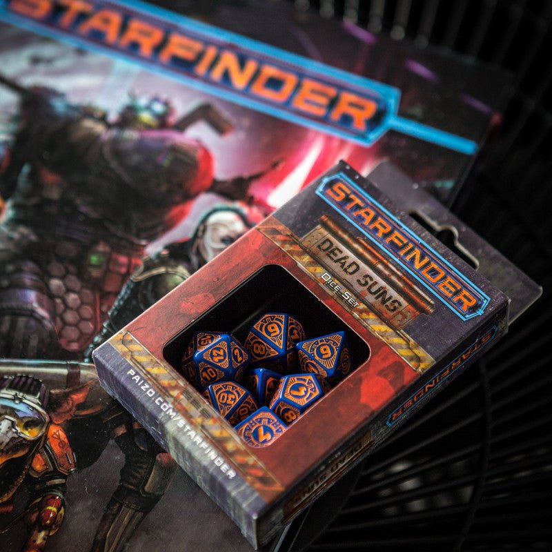 Starfinder Dead Suns kauliukų rinkinys tamsiai mėlynos ir oranžinės sp - OBUOLYS