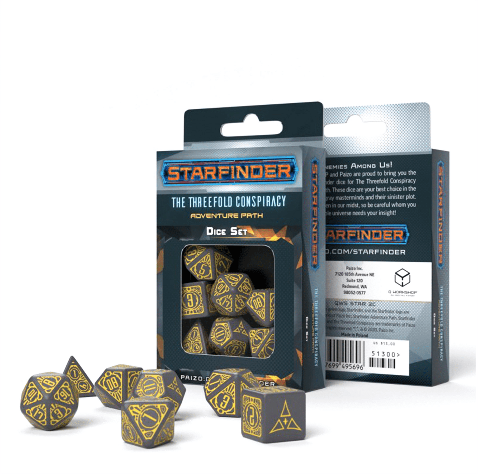 Starfinder Threefold Conspiracy kauliukų rinkinys pilki ir geltoni - OBUOLYS