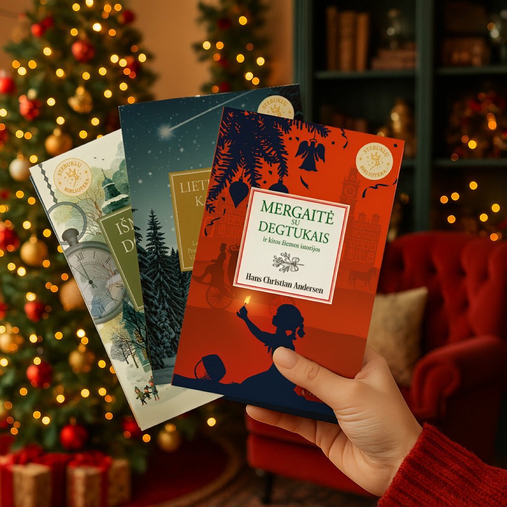 STEBUKLŲ BIBLIOTEKOS RINKINYS: šviesos, gėrio ir Šv. Kalėdų pasakų trio – MERGAITĖ SU DEGTUKAIS, LIETUVIŠKOS KALĖDOS ir IŠMINČIŲ DOVANOS - OBUOLYS