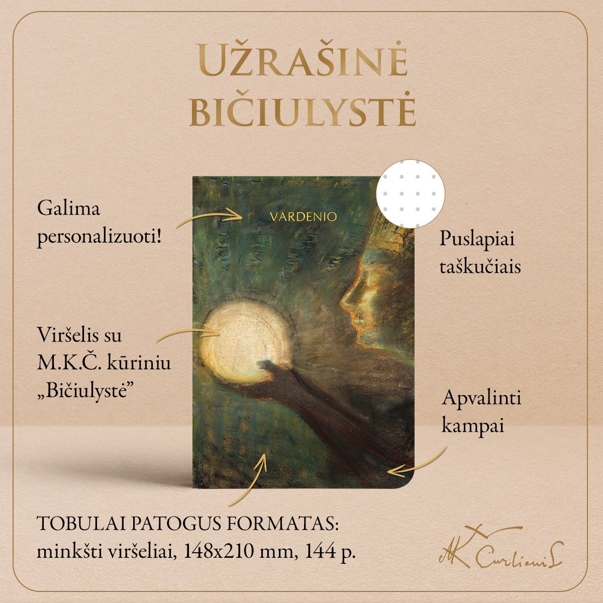 UŽRAŠINĖ BIČIULYSTĖ: su M. K. Čiurlionio kūriniu + galimybė personalizuoti - OBUOLYS
