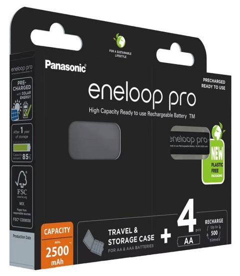 Panasonic Eneloop Pro AA 2500mAh 4BL įkraunamos baterijos 4 vnt. ir baterijų dėklas