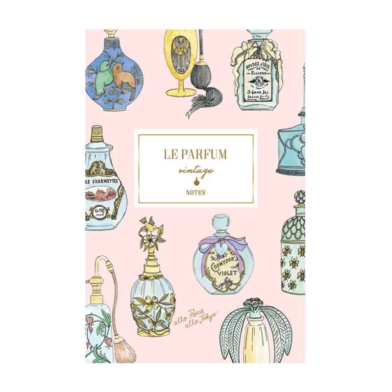 Užrašinė LE PARFUM VINTAGE su vintažinių kvepalų buteliukų iliustracijomis ir įkvepiančiomis mintimis apie kvepalus - OBUOLYS
